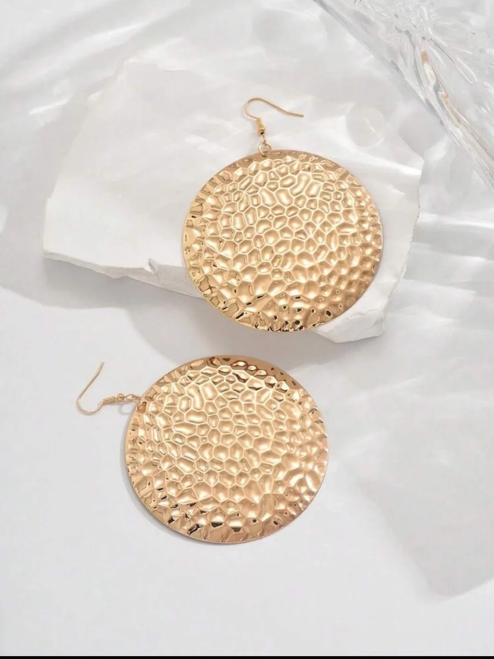 Gold Hammered Disc Drop Earrings - Women Jewelry